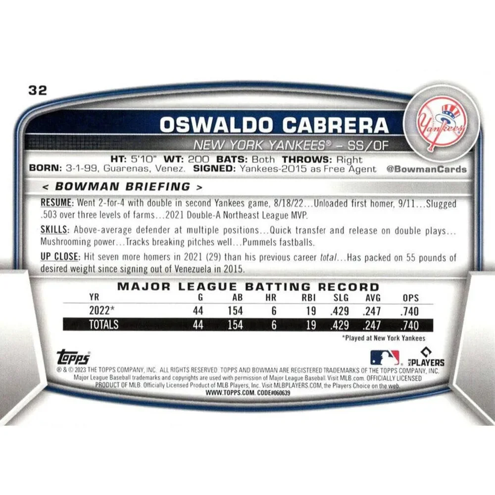 2023 Bowman Oswaldo Cabrera RC #32 New York Yankees